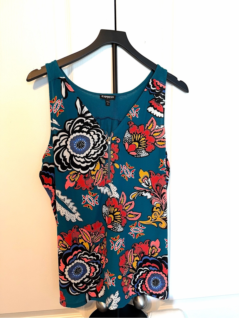 Express Teal Zip-Front Floral Print Tank Top